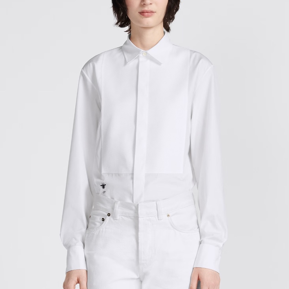 Christian Dior White Cotton Poplin Blouse with Plastron